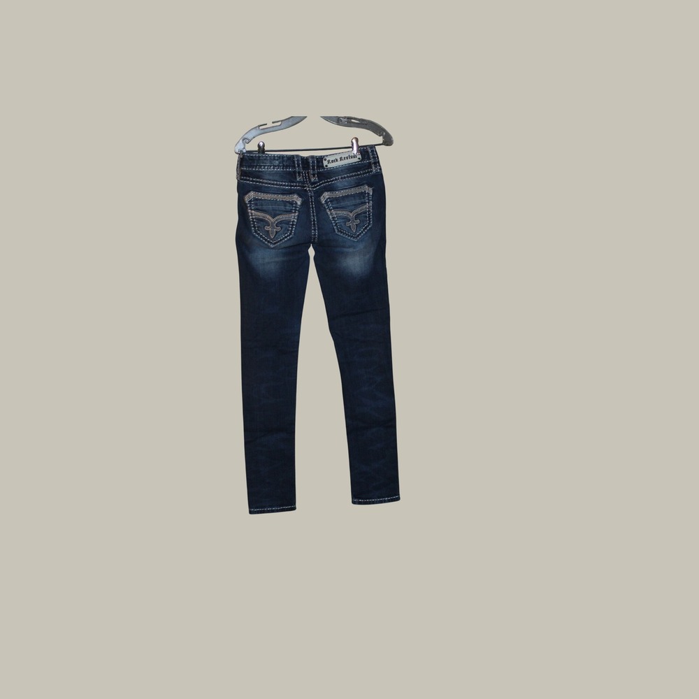 Rock Revival Sharon Skinny Jeans Dark Wash Distressed Fleur-De-Lis Blue Size 27 - Picture 2 of 5
